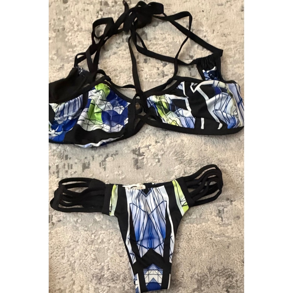Beach Bunny Bronze Geometric Strappy Bikini Set Blue Green XS Bottom Top XL